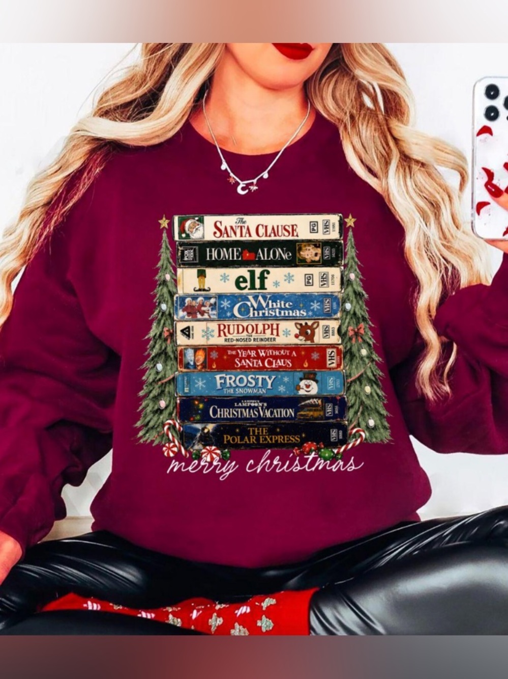 Gildan Maroon Holiday Bookstack Christmas VHS Crewneck Sweater